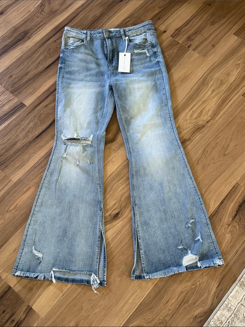 RISEN NWT High Rise Slit Flare Distressed Raw Hem Jeans 15 / 32W